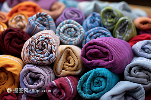 手工制作的織物堆在桌上